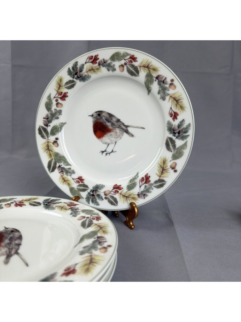 Spode Robin Wreath 7-1/2" Salad Plate Bird Acorn Fall Set of 4